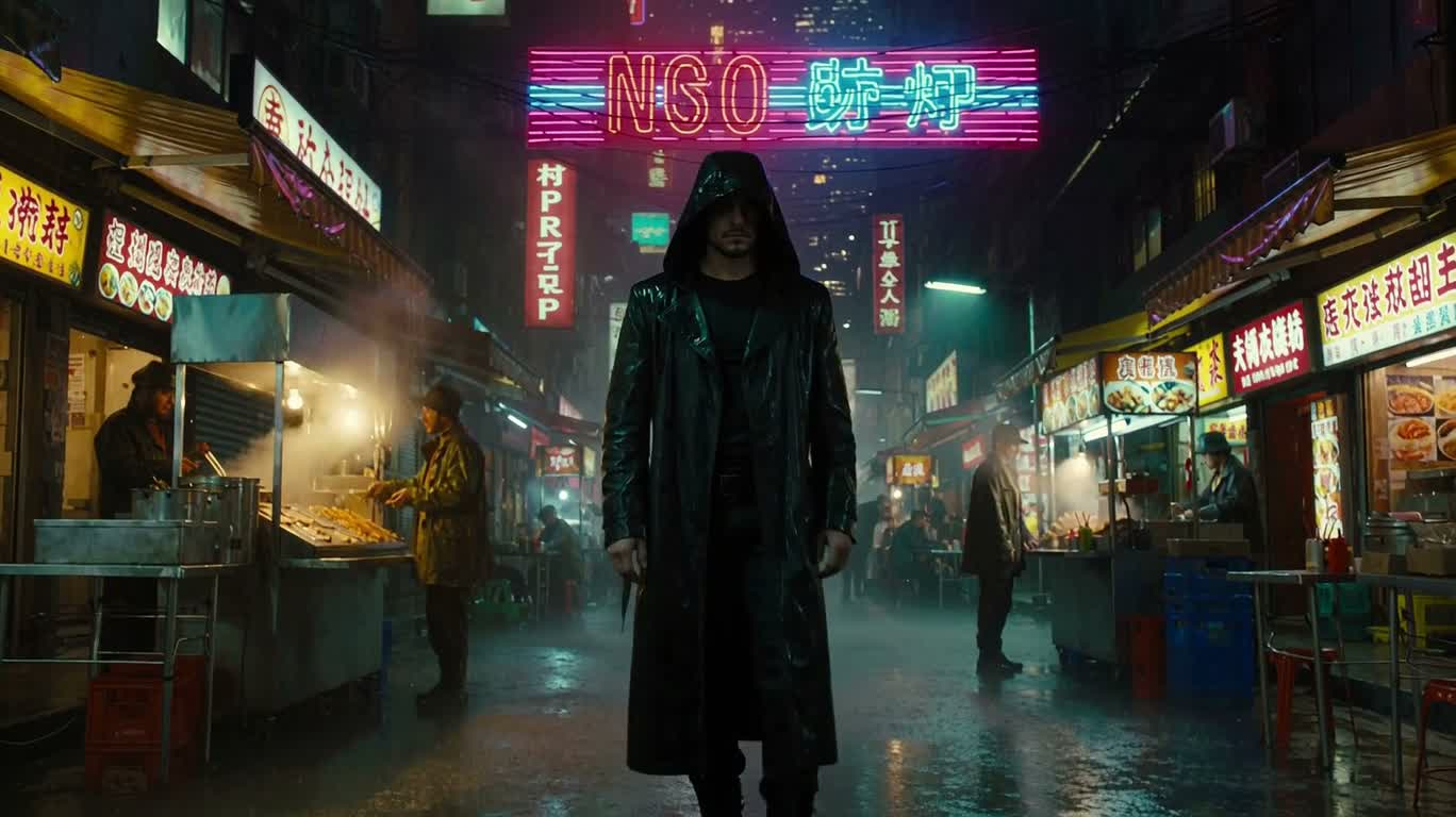 霓虹雨夜的全息黑客