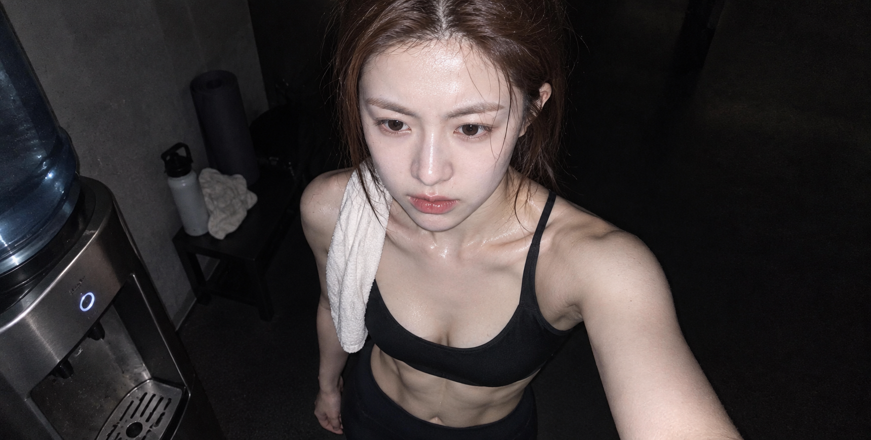 普拉提课后闪光灯下的汗水肌肉 — AI image creation