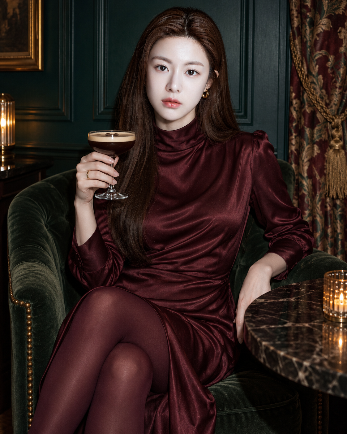 酒红缎裙成年女性的翡翠绿酒吧直闪时尚肖像 — AI image creation