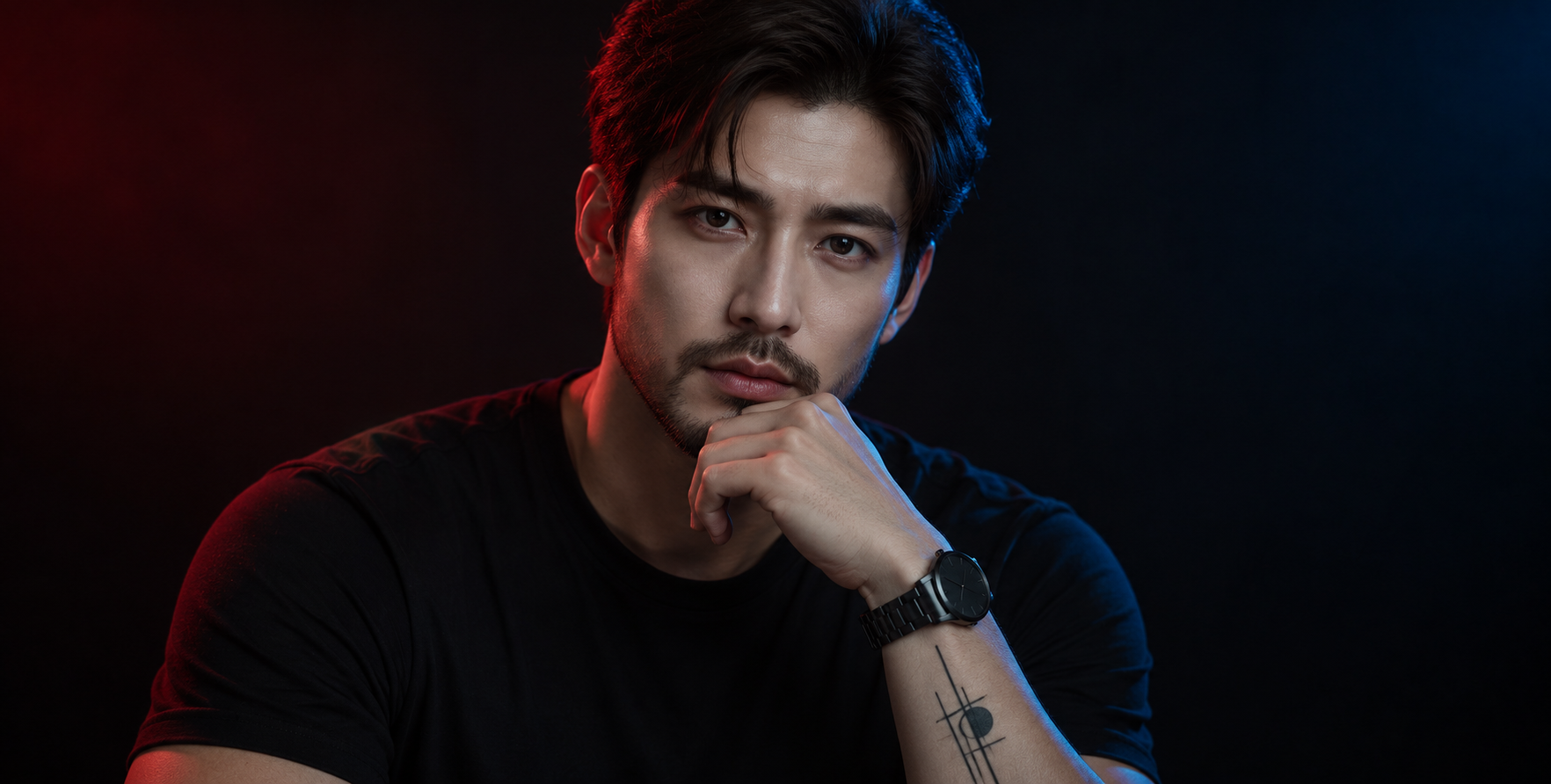 红蓝分割光下的成年男性情绪肖像 — AI image creation