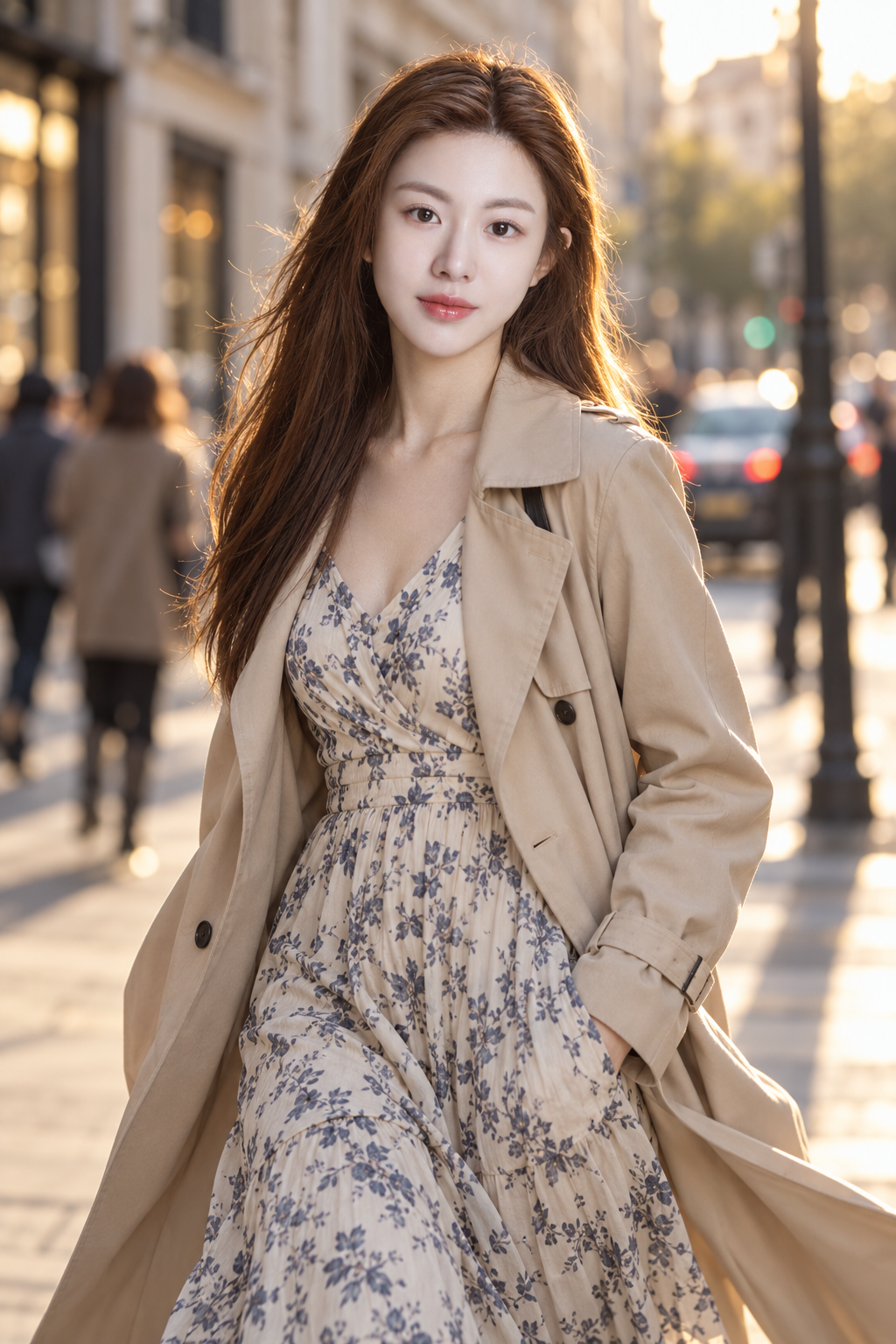 黄金时刻都市街头的成年女性步行时尚肖像 — AI image creation