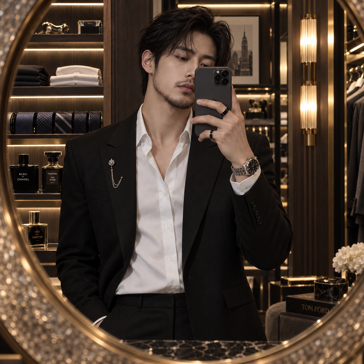 奢华步入式衣帽间内的英俊男子镜面自拍 — AI image creation