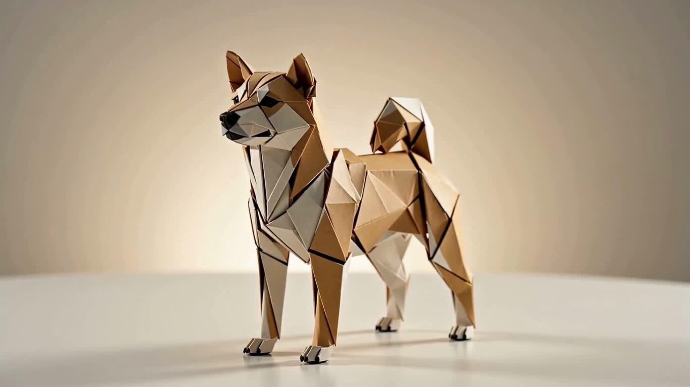 超写実的な柴犬折り紙の商品画像 — AI video creation