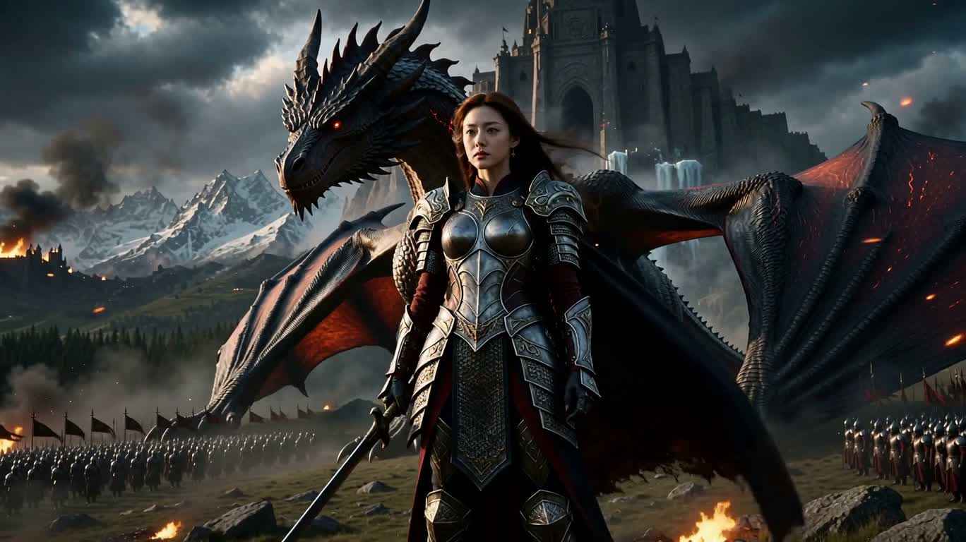 Warrior Queen and Ancient Dragon Before the Storm Throne — AI video creation