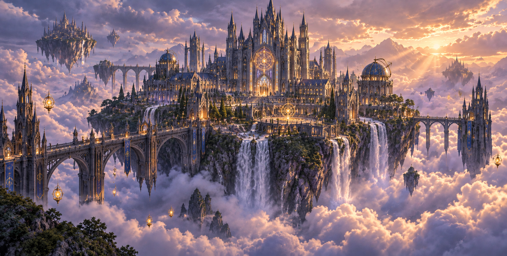 云端之上悬浮的神秘奥术魔法学院 — AI image creation