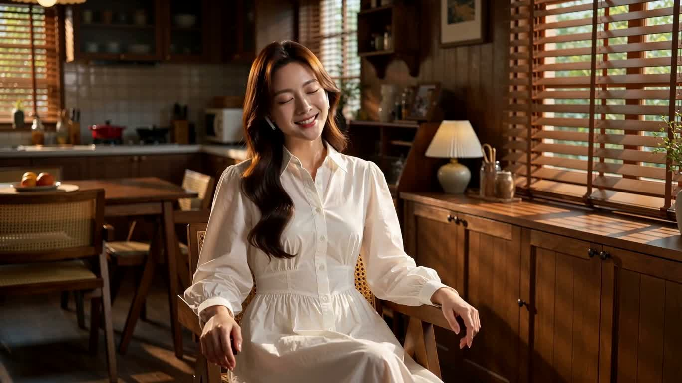 햇살 드는 목조 오두막의 헤드폰 타임 — AI video creation