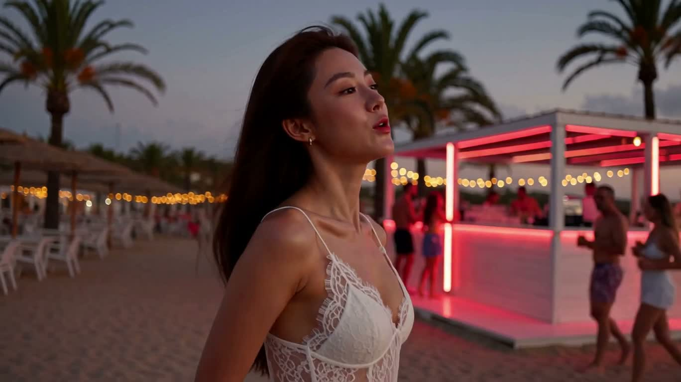 이비사 황혼의 해변 바, 네온의 환상 — AI video creation