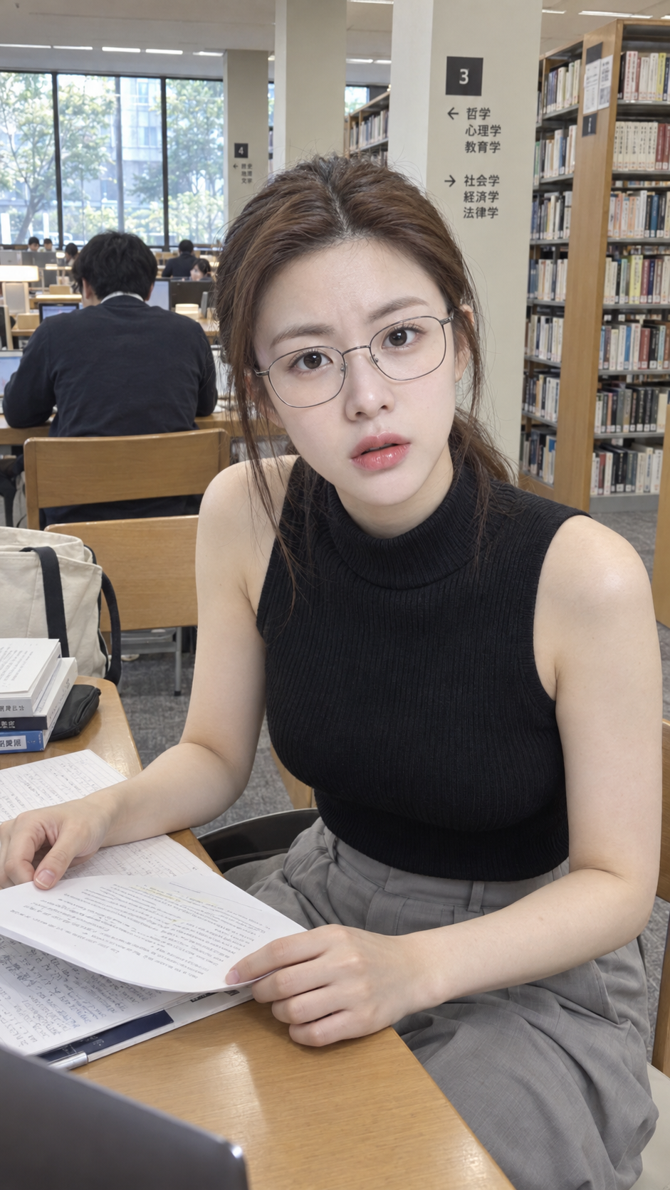 大学図書館で自然に質問する日本人女性