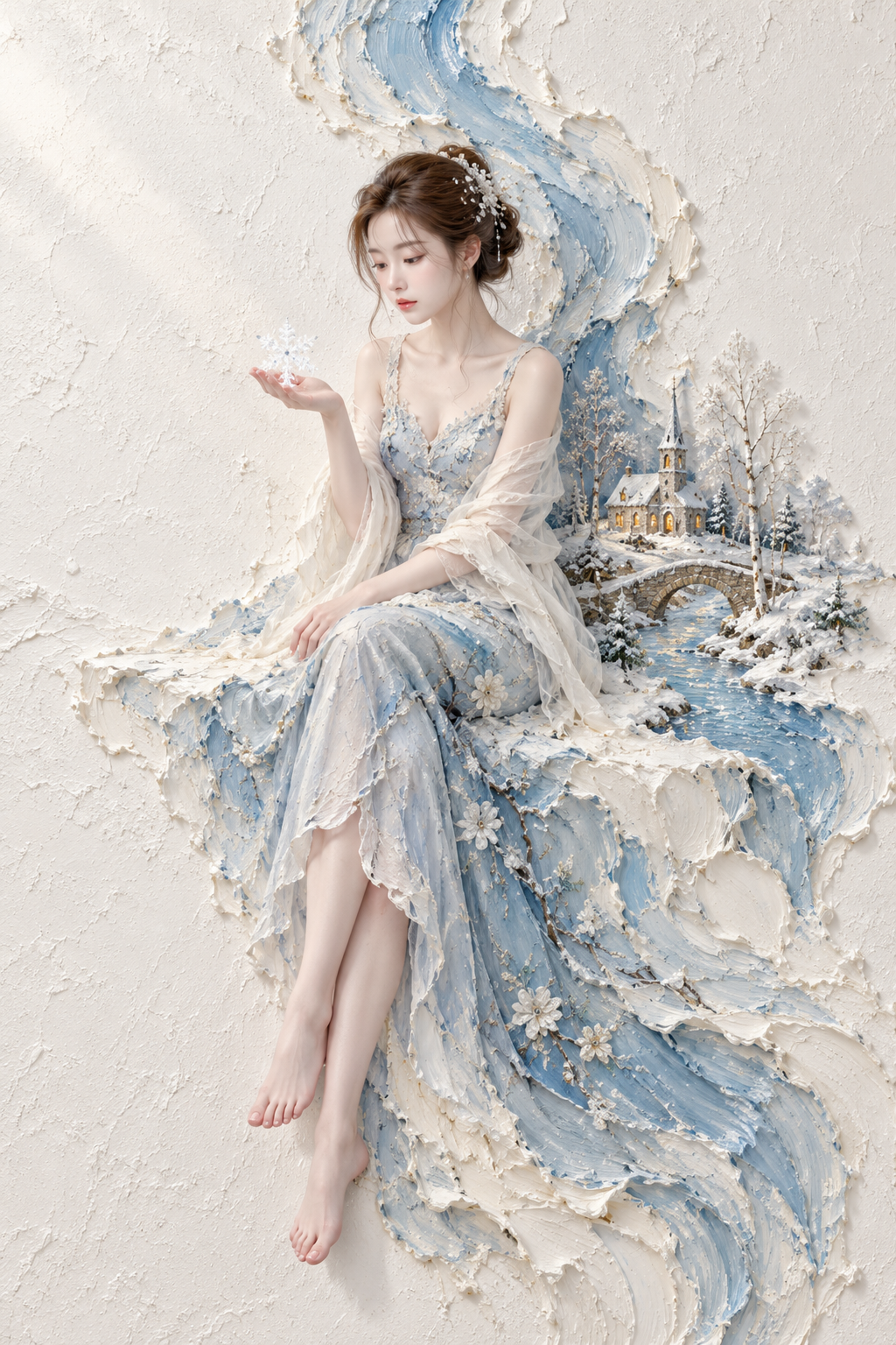 冰蓝浮雕笔触中的雪景人像 — AI image creation