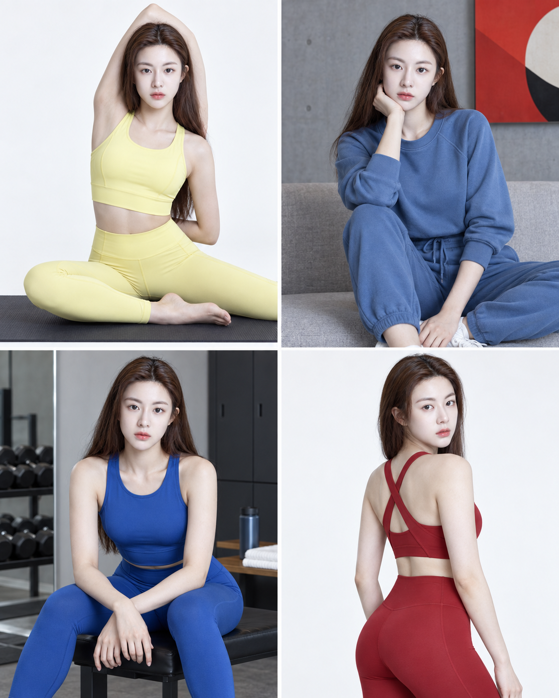 同一成年女性的四格运动时尚造型拼贴 — AI image creation