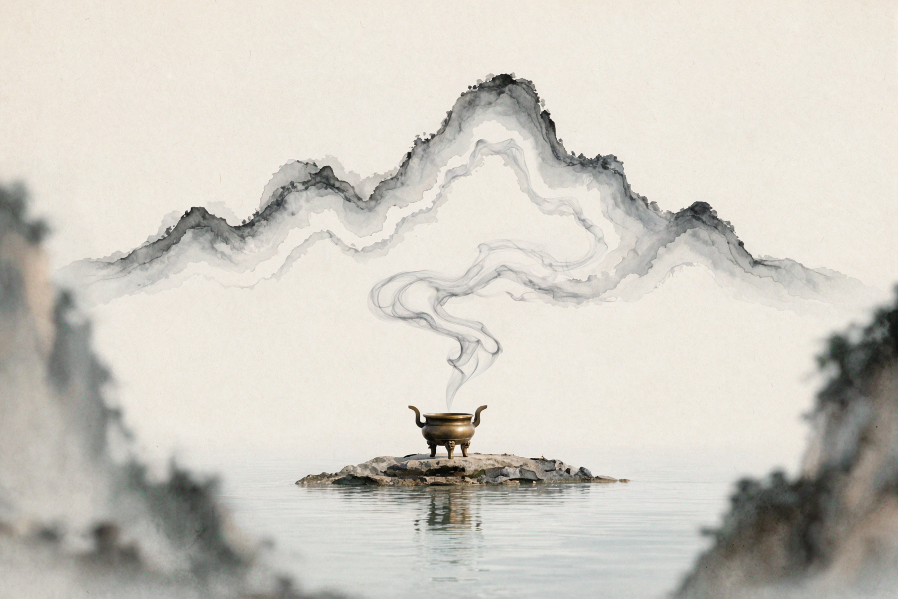 水上の香炉 · 水墨の余白 — AI image creation