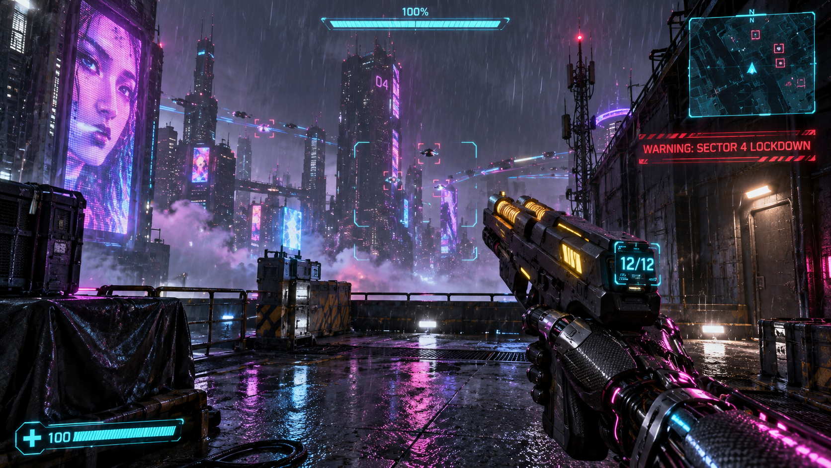 사이버펑크 FPS 기계 전술 HUD 장면