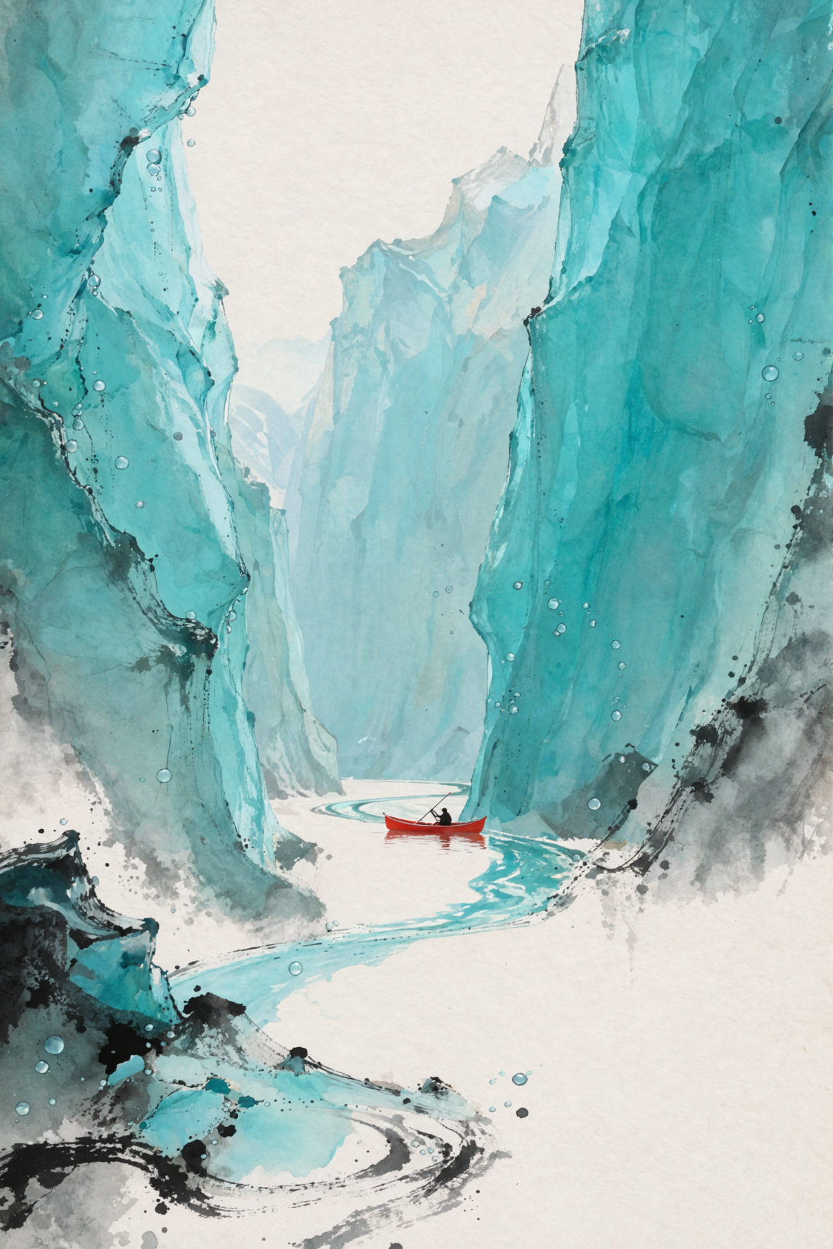 Glacier Canoe · Ink Wash Negative Space — AI image creation