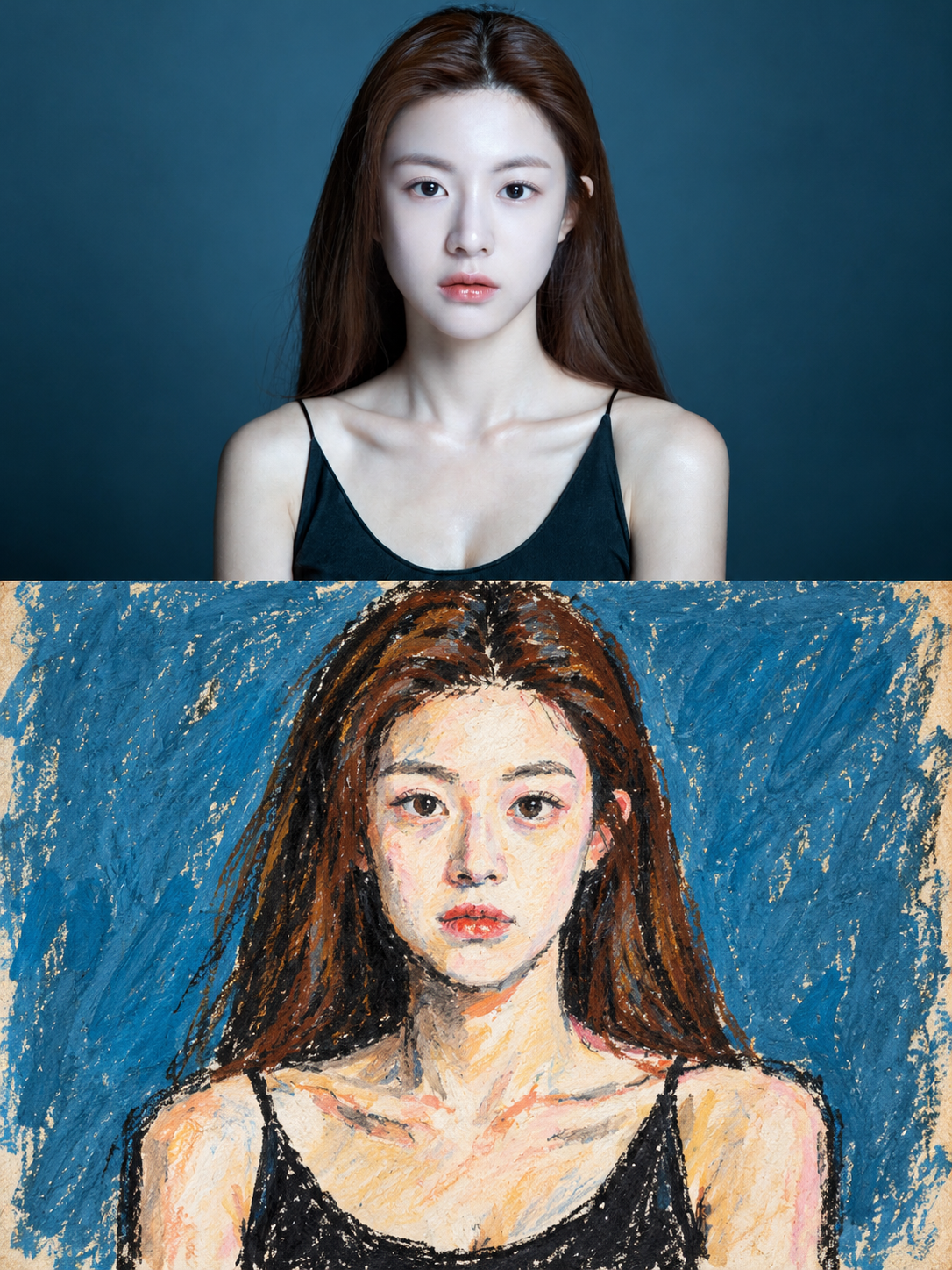 원본 주제와 아르 브뤼 스타일의 상하 이중 구성