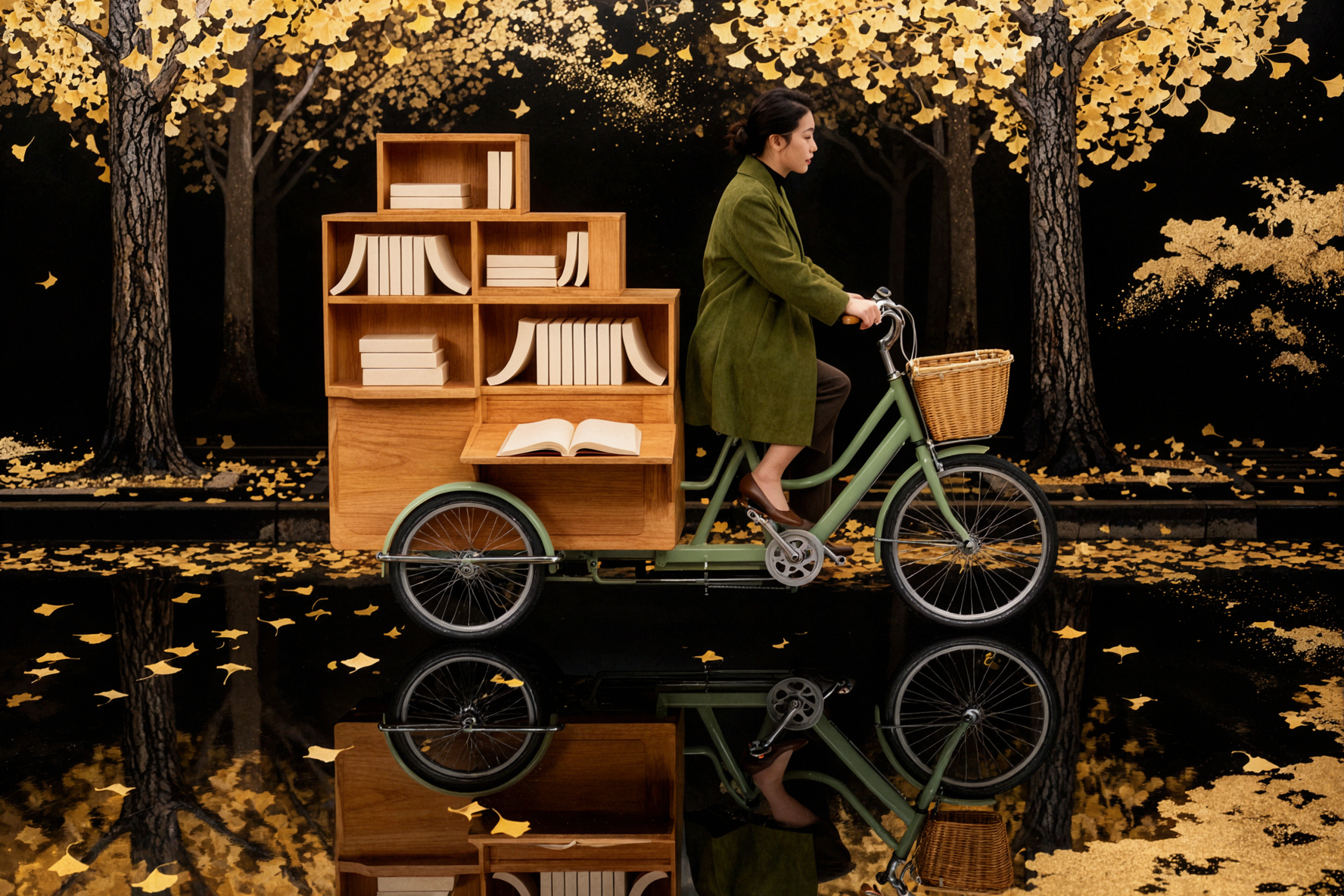 秋の本と自転車 · 黒金漆芸 — AI image creation
