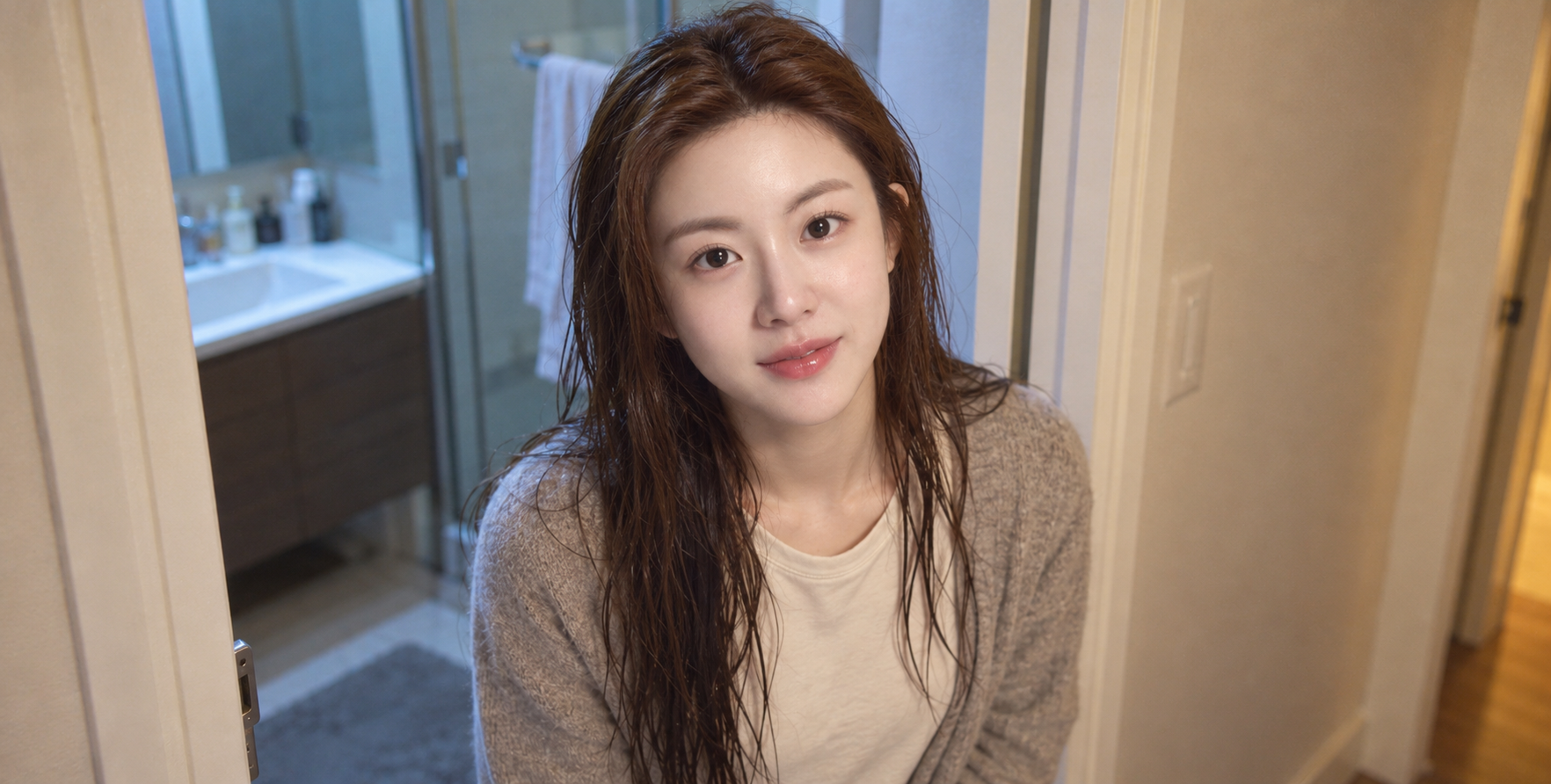成年女性洗发后浴室门口的 CCD 柔焦肖像 — AI image creation