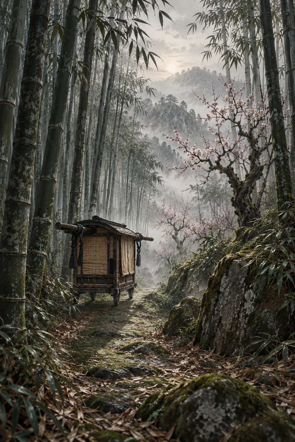 竹林幽径轿影摇,残梅苦香绕 — AI image creation