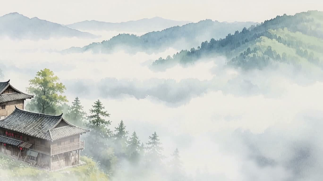 Aquarelle d'un village de montagne dans une mer de nuages