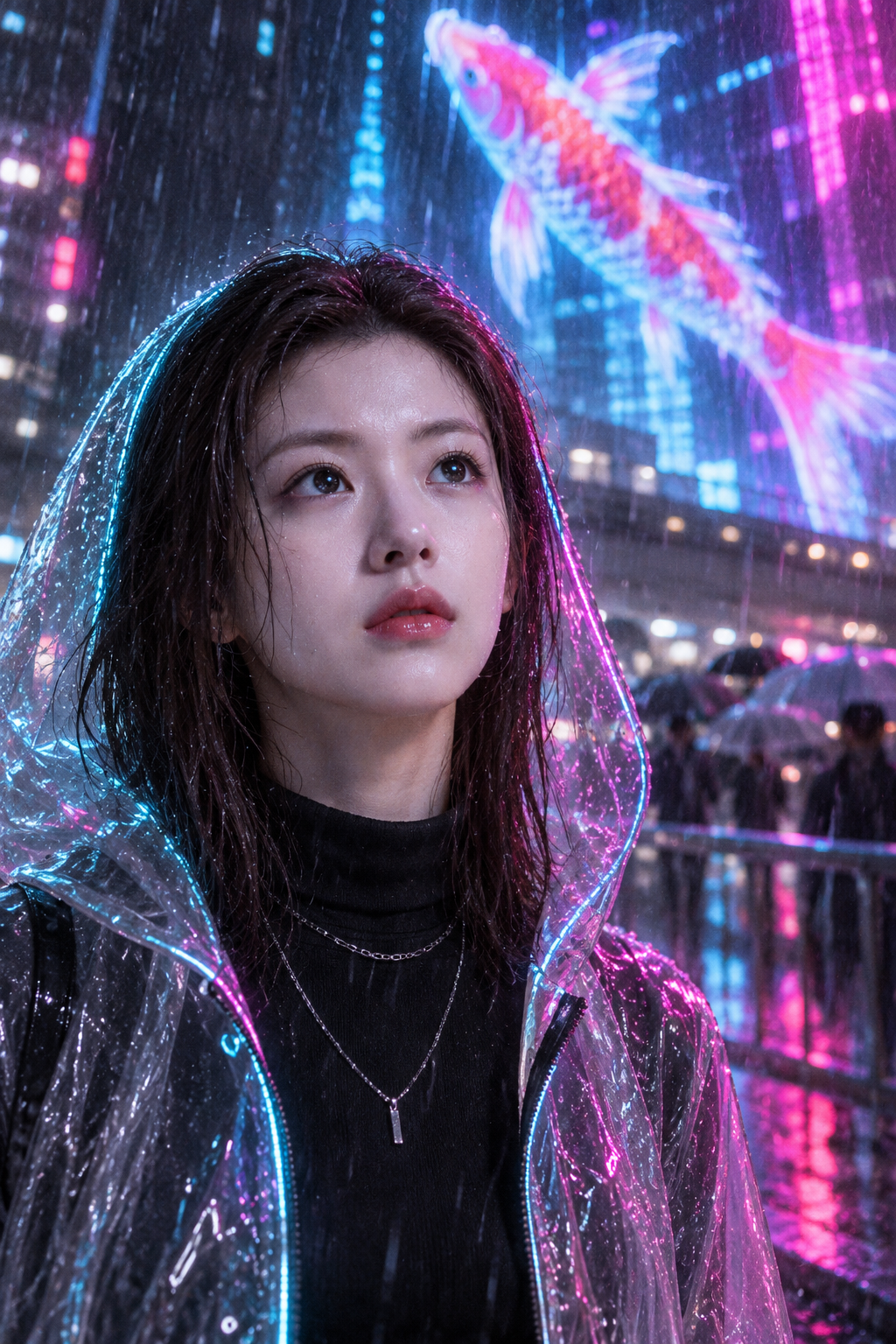 暴雨新宿全息锦鲤广告牌下的赛博时尚肖像 — AI image creation