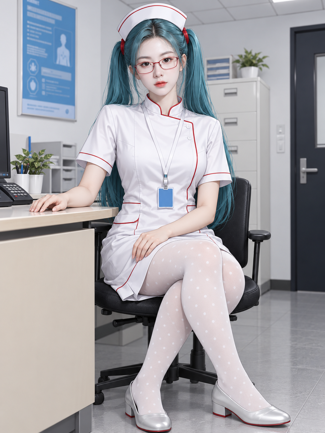 青緑のツインテールの成人看護師 診察室のプロイラスト — AI image creation