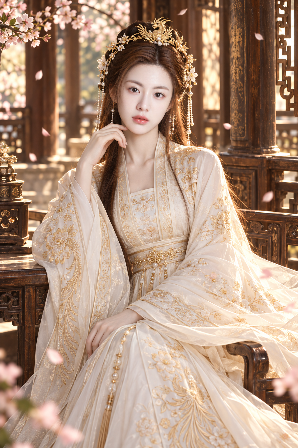 古亭樱花与金线汉服的成年女性人像 — AI image creation