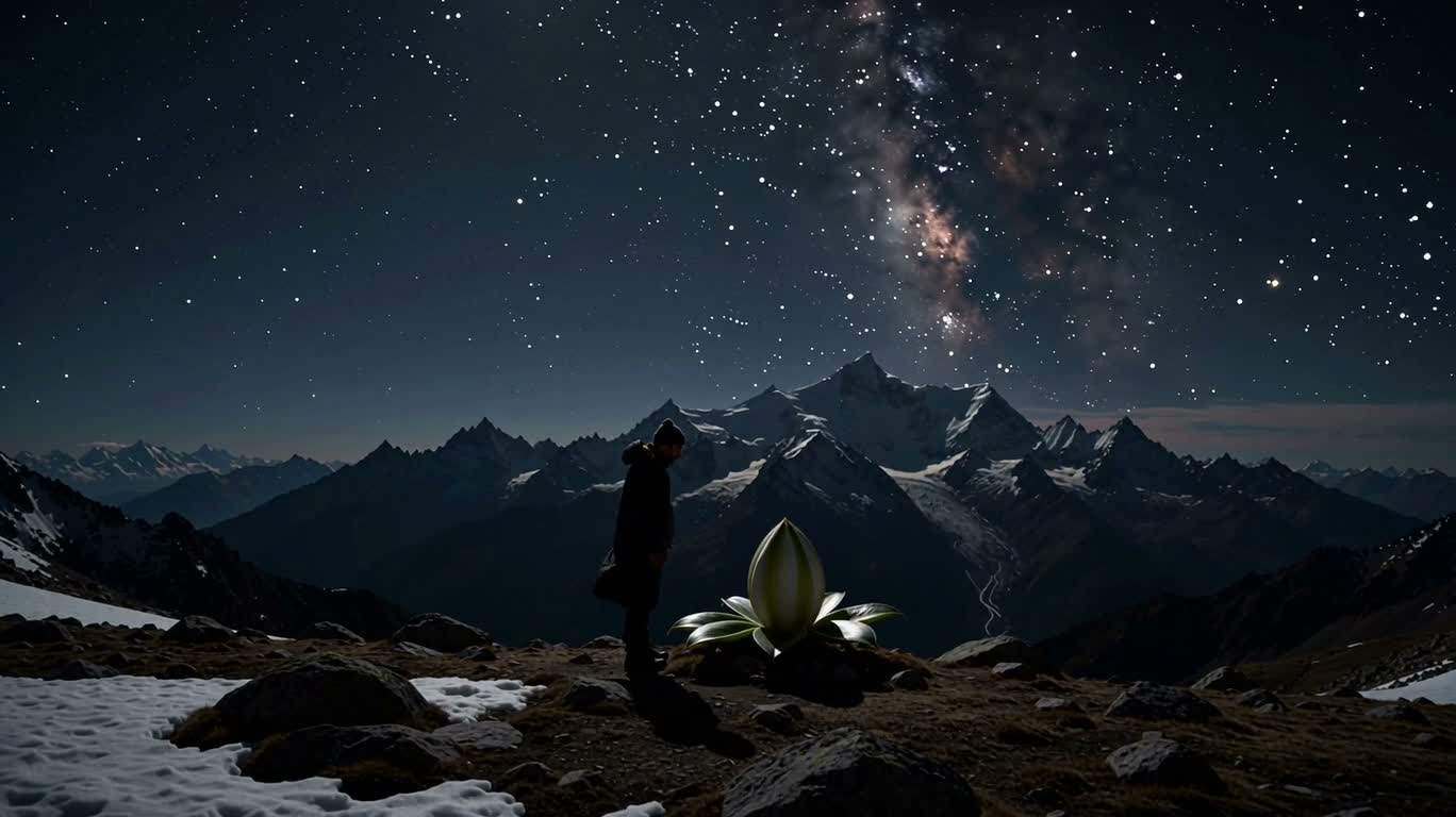 Lotus de Brahma éclos dans la nuit himalayenne — AI video creation