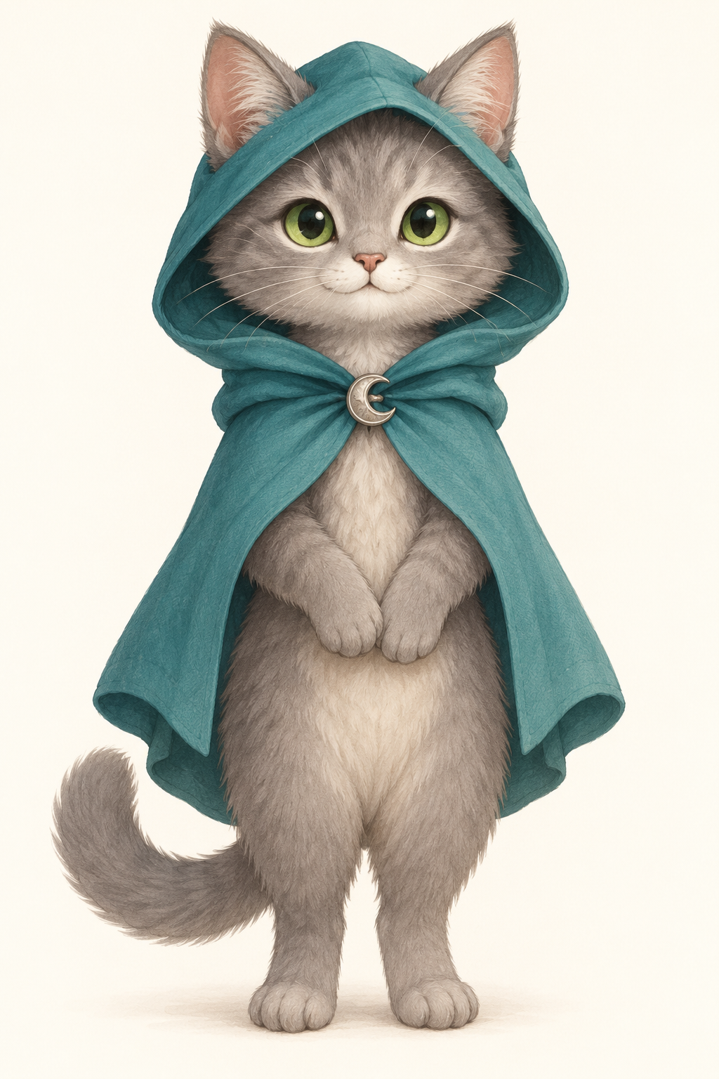 绿眼灰猫斗篷角色绘本风格设计 — AI image creation