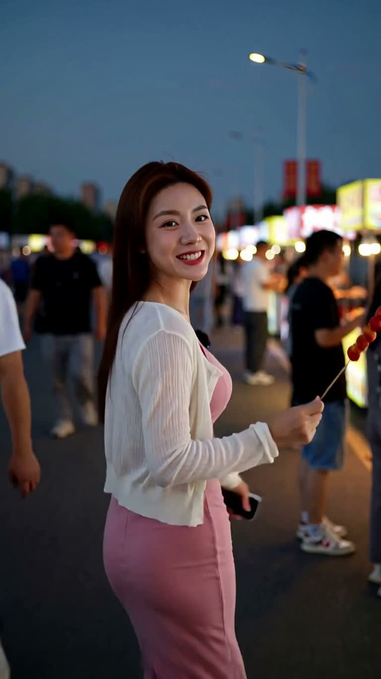 야시장 황혼 속 소녀를 따라가는 촬영