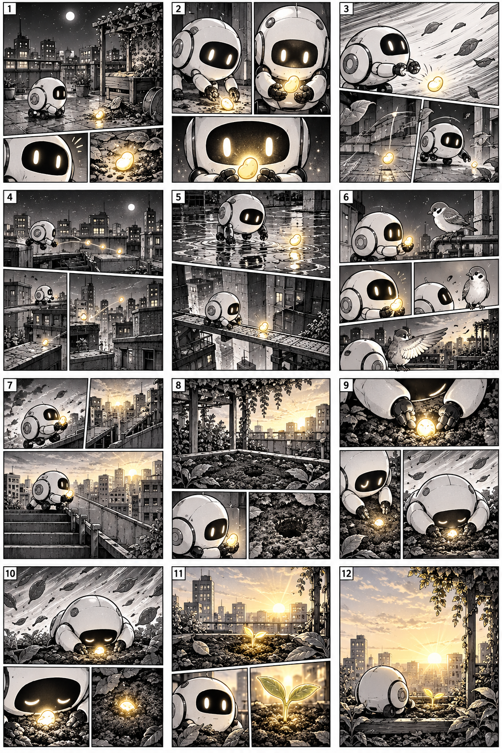 十二页连贯漫画故事总览联系表 — AI image creation