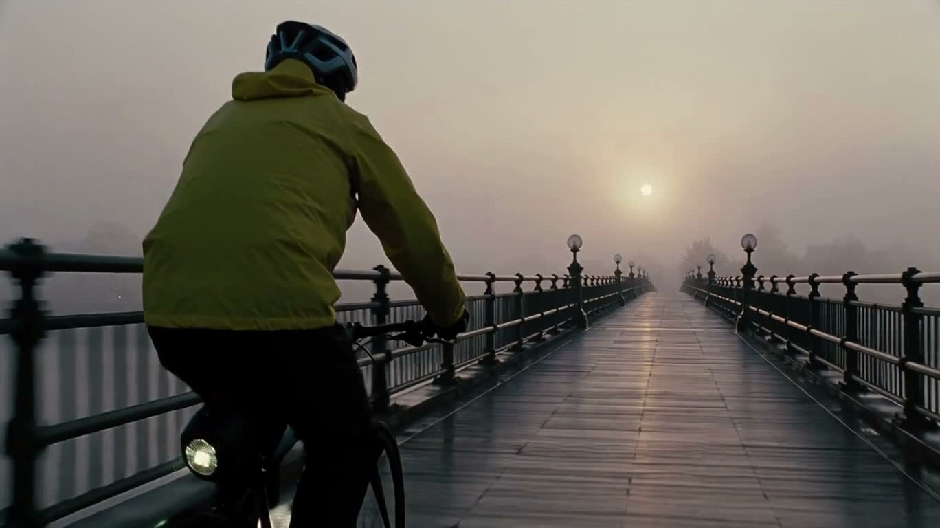 Morning Ride on the Misty Bridge — AI video creation