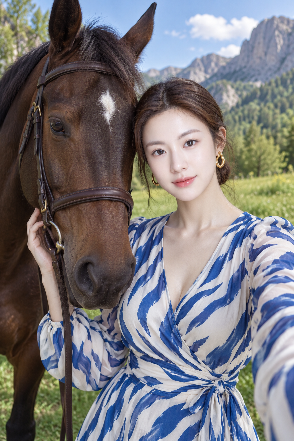 山野阳光下的成年女性与棕马生活方式肖像 — AI image creation