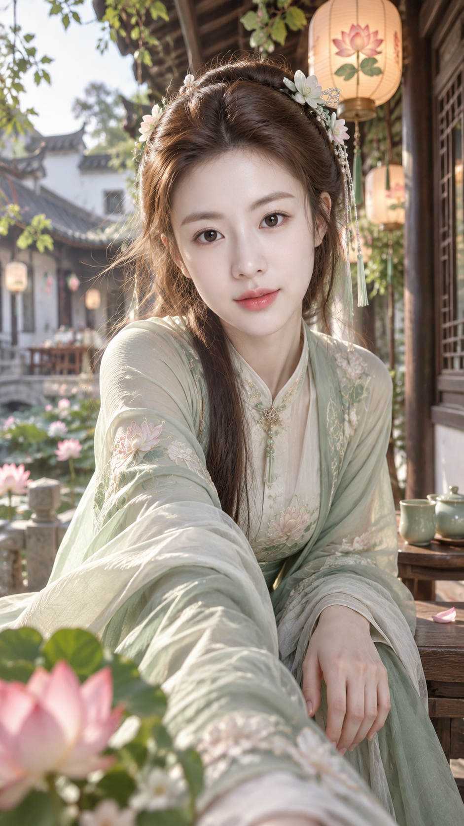 可替换主题的古风手机视角真实人像 — AI image creation