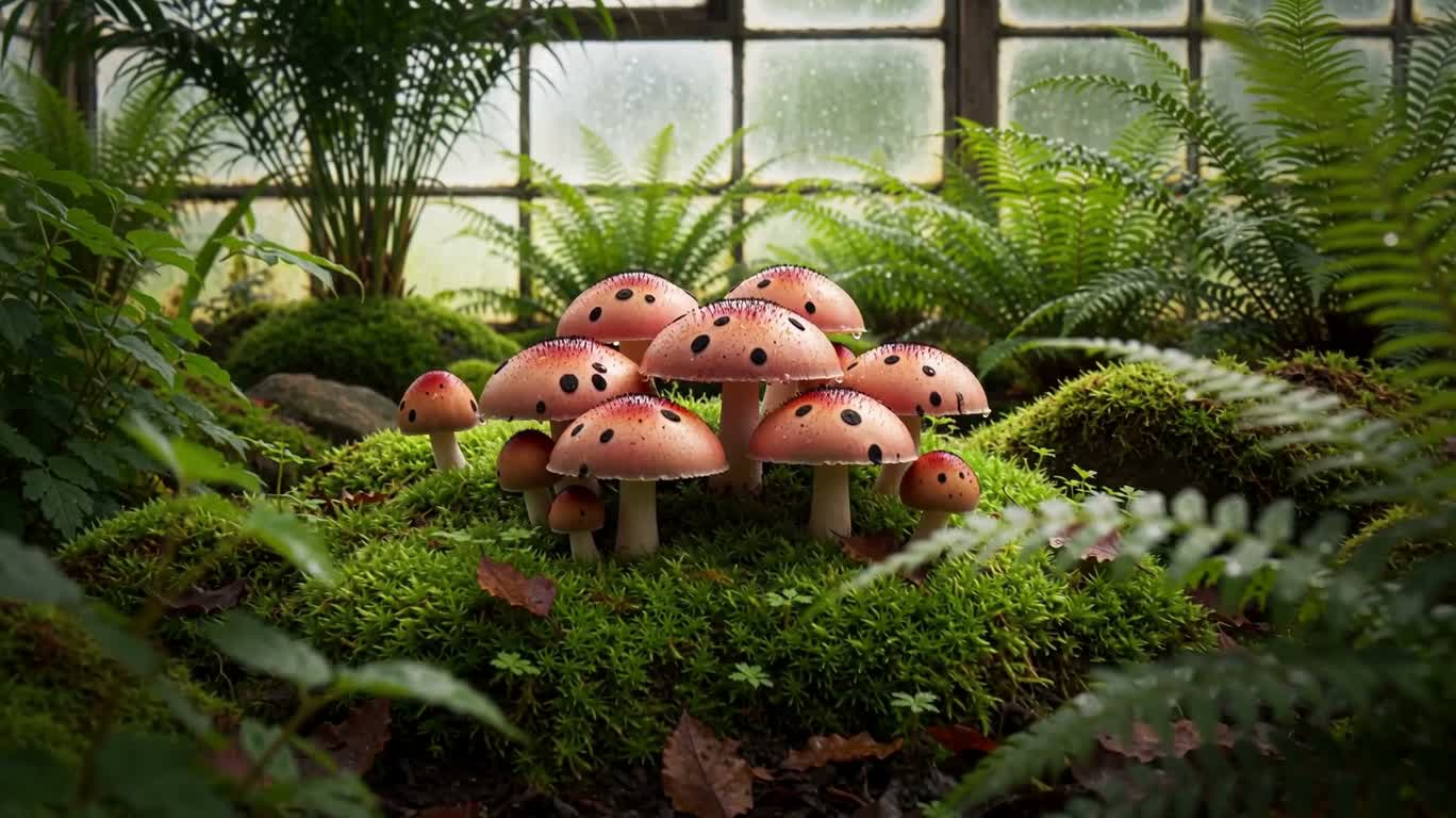 温室苔藓中的桃粉蘑菇 — AI video creation