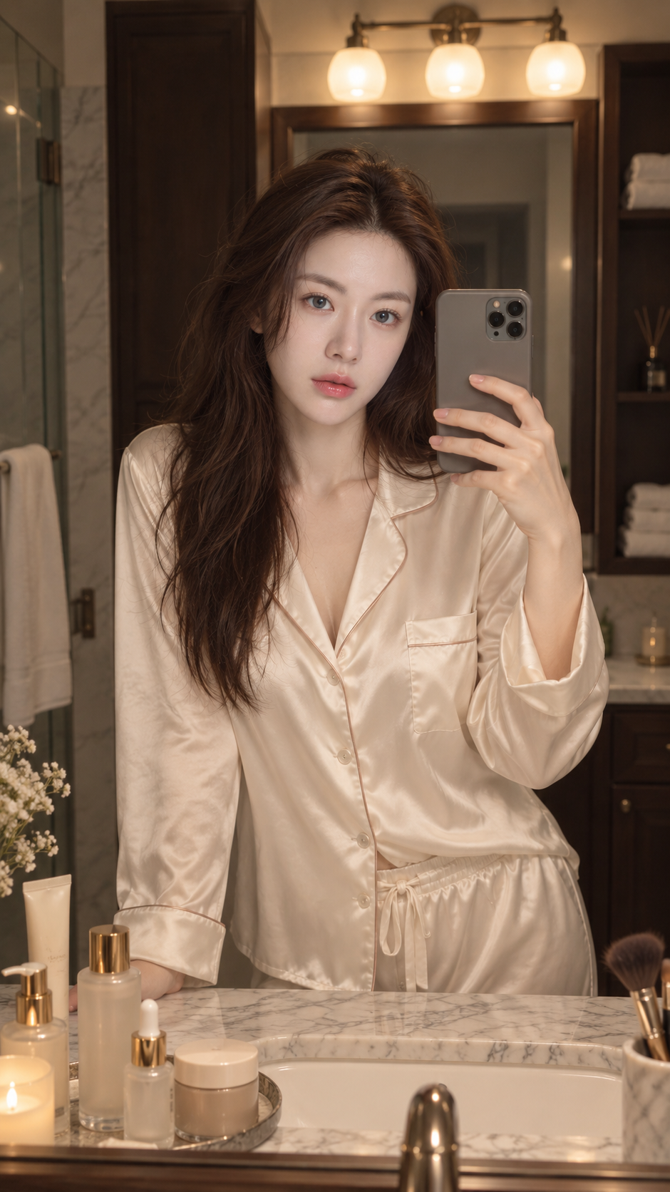 浴室暖光下的成年女性舒适自拍 — AI image creation