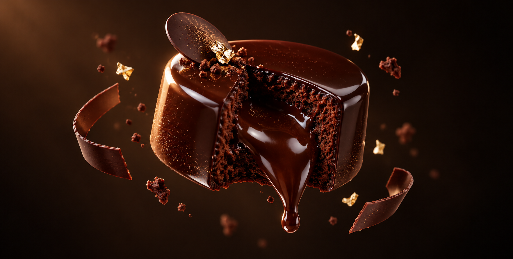 Publicité de dessert de luxe au fondant flottant et cœur coulant — AI image prompt