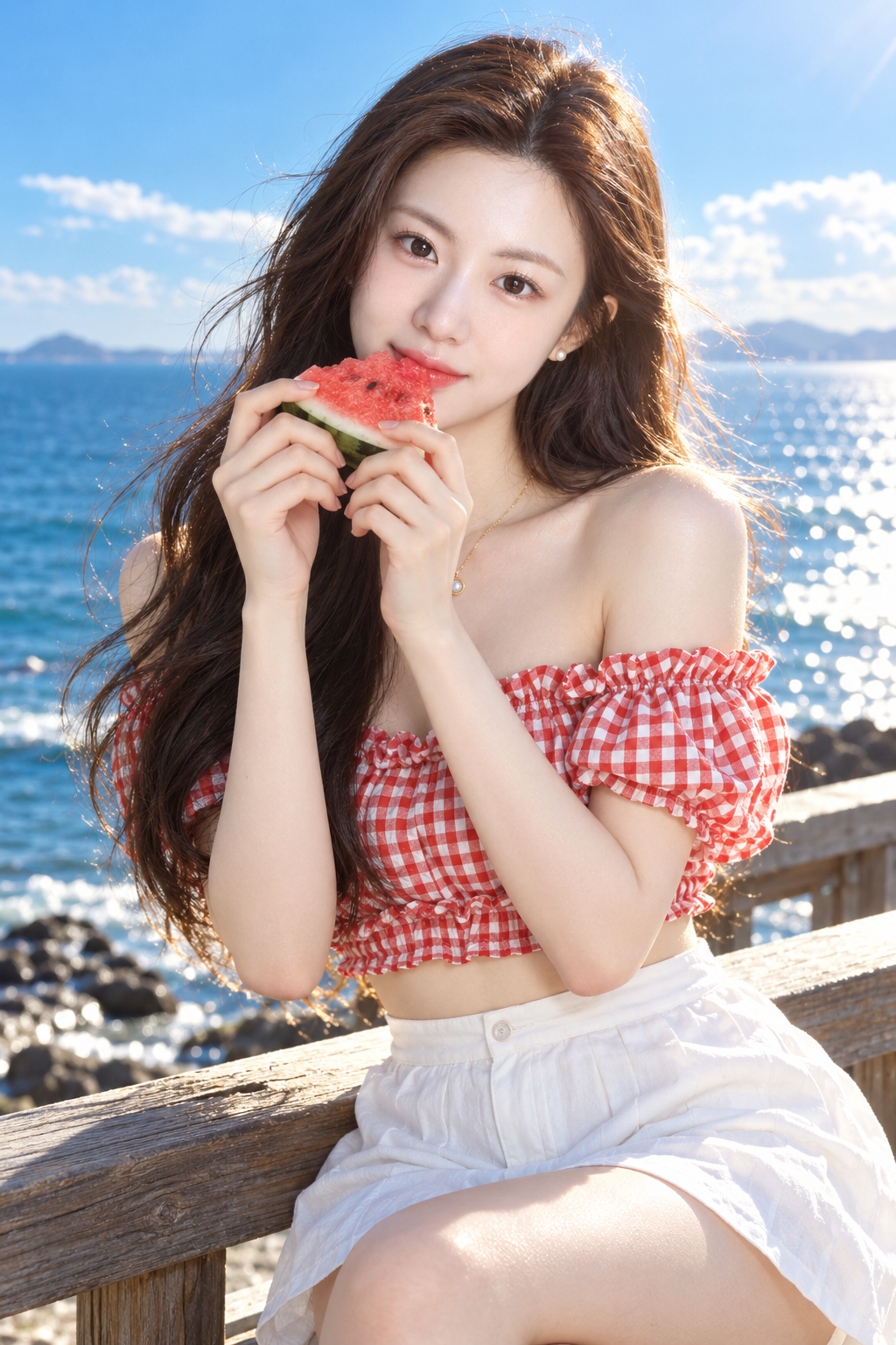东亚年轻女性海边西瓜夏日时尚肖像