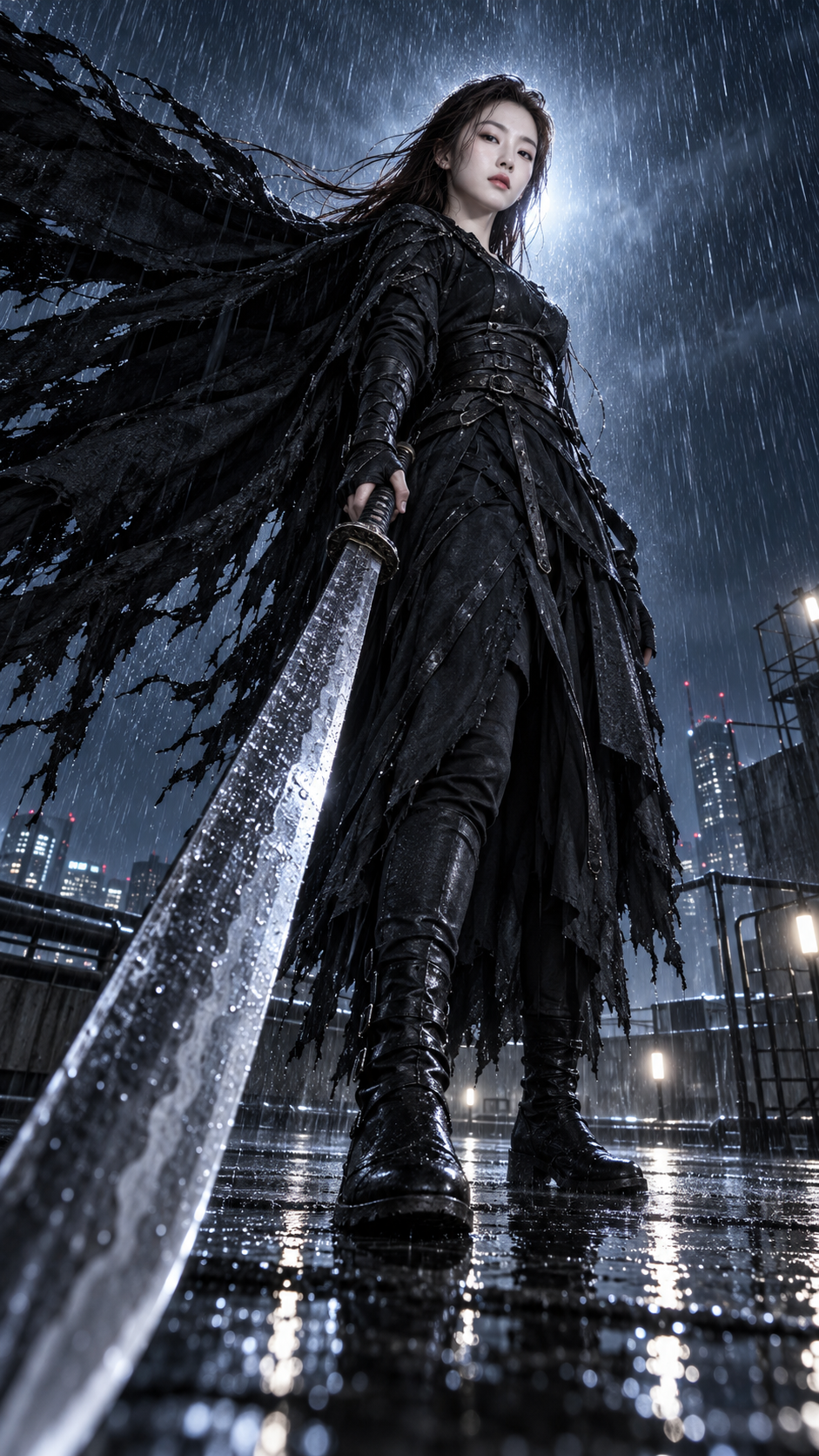 Black-Winged Swordswoman on a Stormy Rooftop