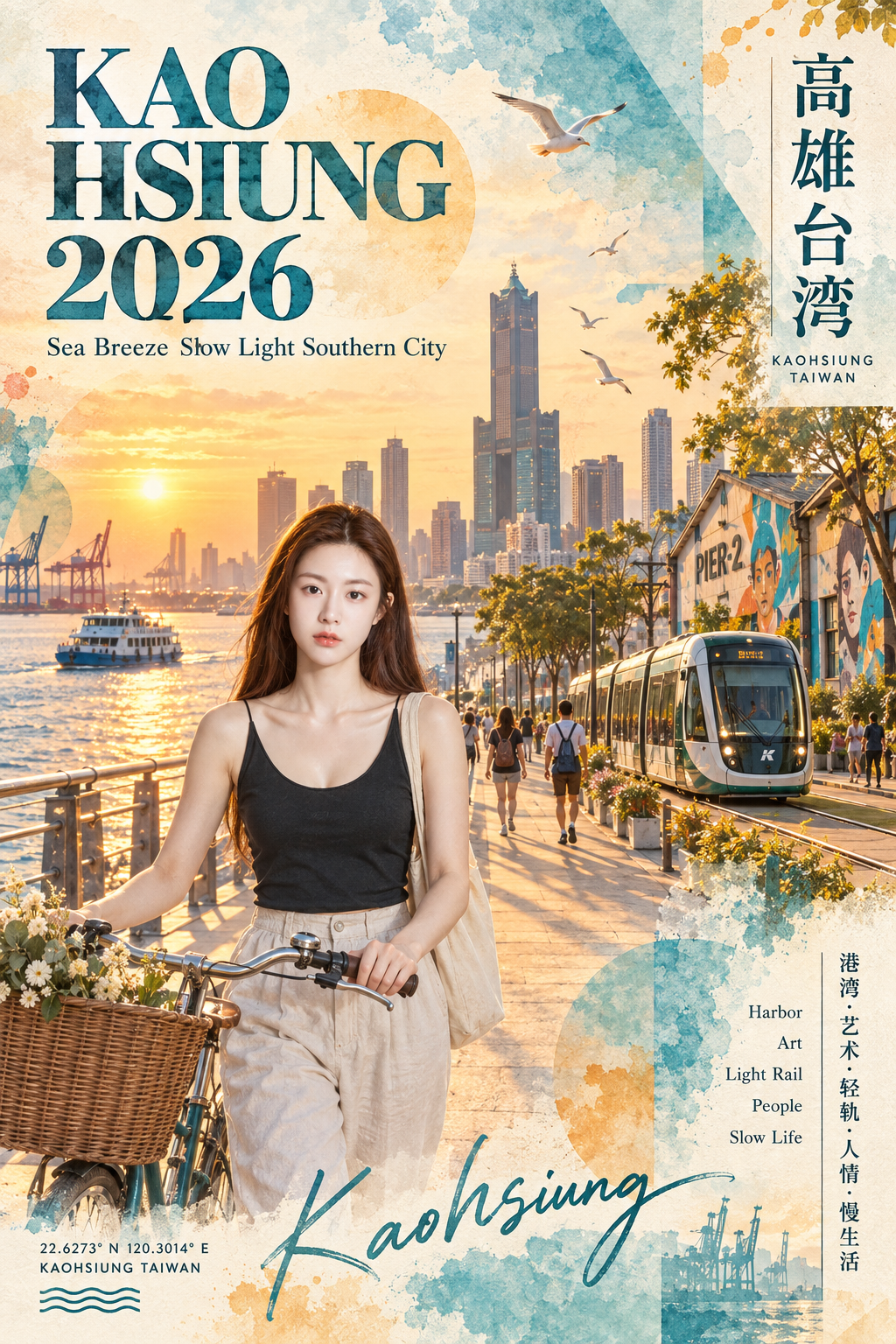 高雄日落海滨水彩拼贴旅行海报 — AI image creation