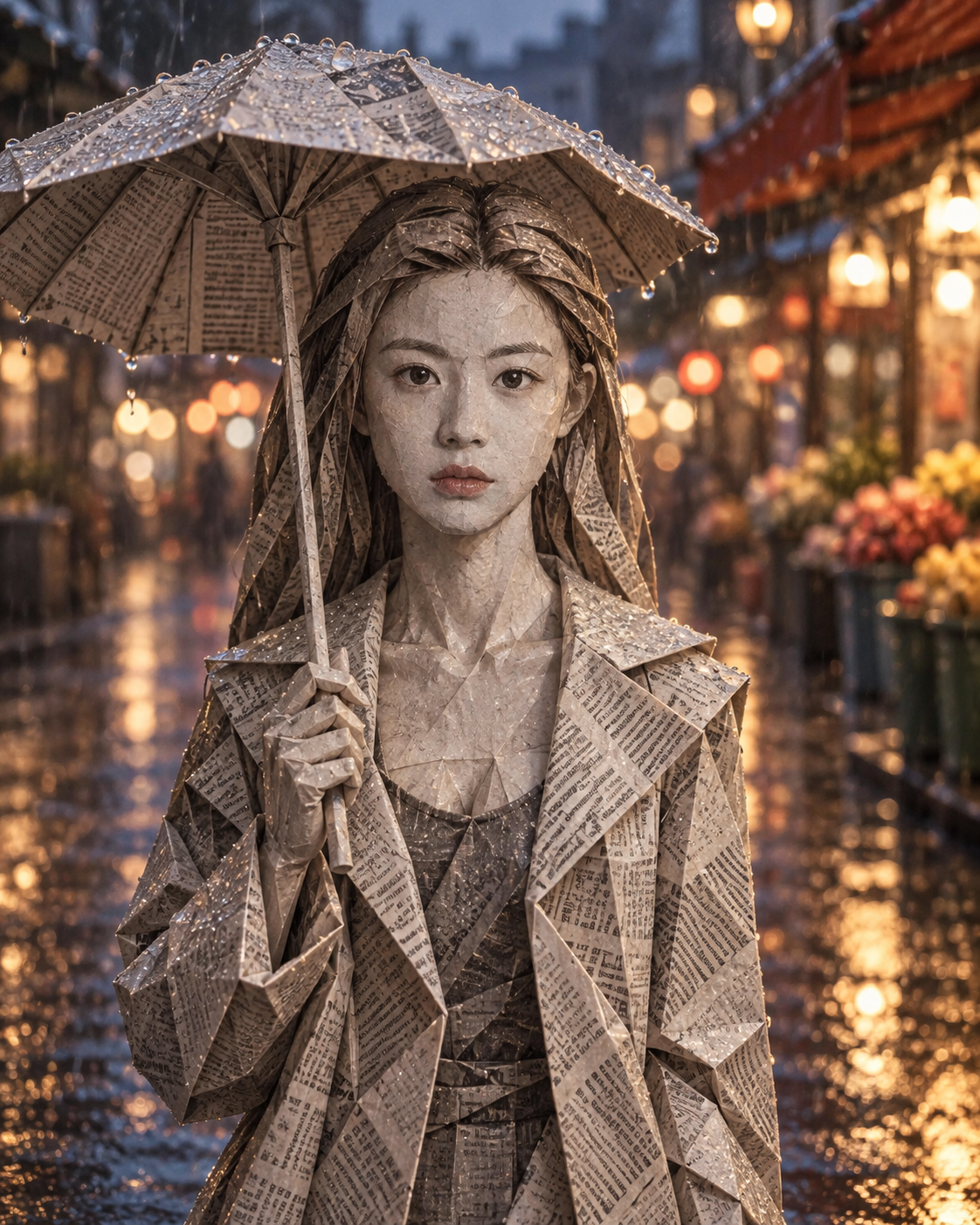 雨夜集市街头的报纸折纸女性雕塑 — AI image creation