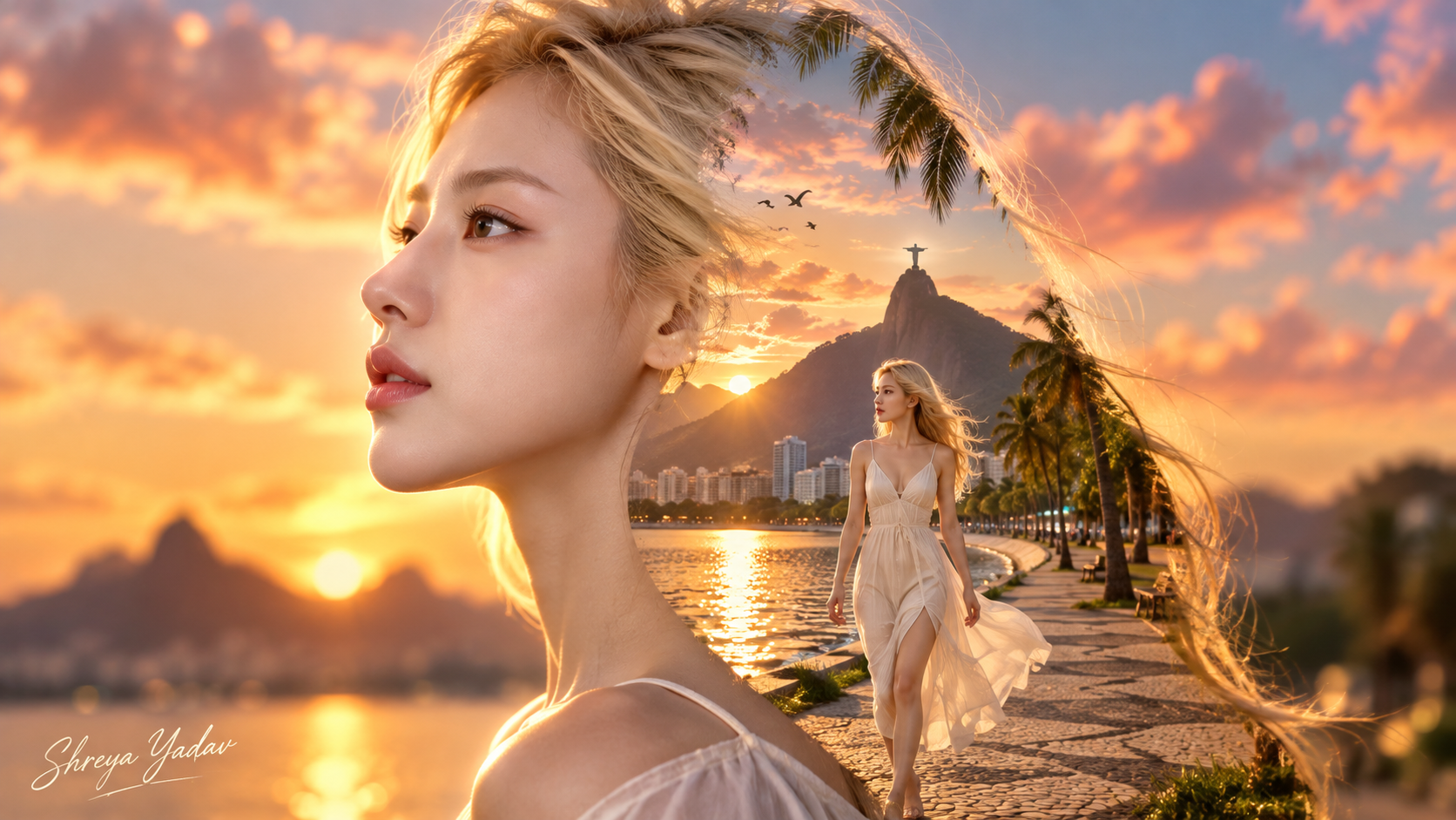 金发女性侧影中的里约夏日双重曝光