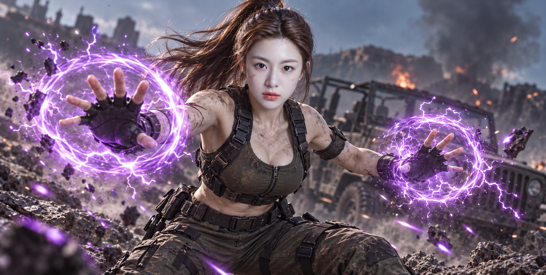 紫色能量环映照的成年女战士 — AI image creation