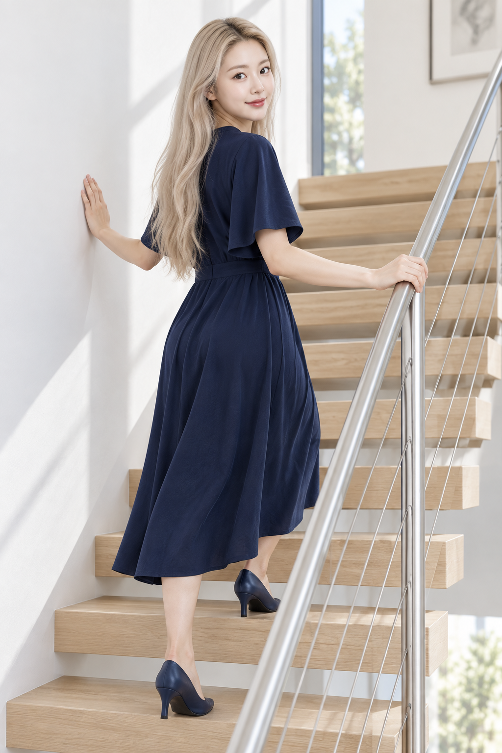 现代极简楼梯间的海军蓝成年女性优雅回眸 — AI image creation