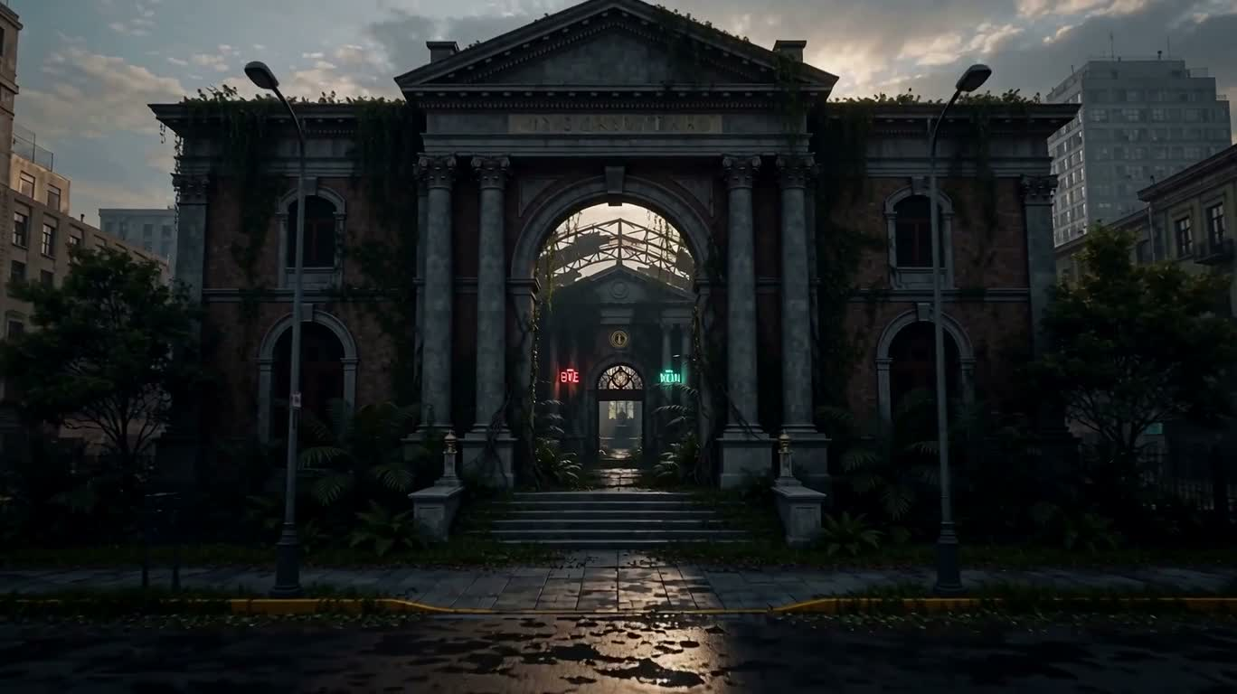 La nature néon reconquiert la synagogue abandonnée — AI video creation