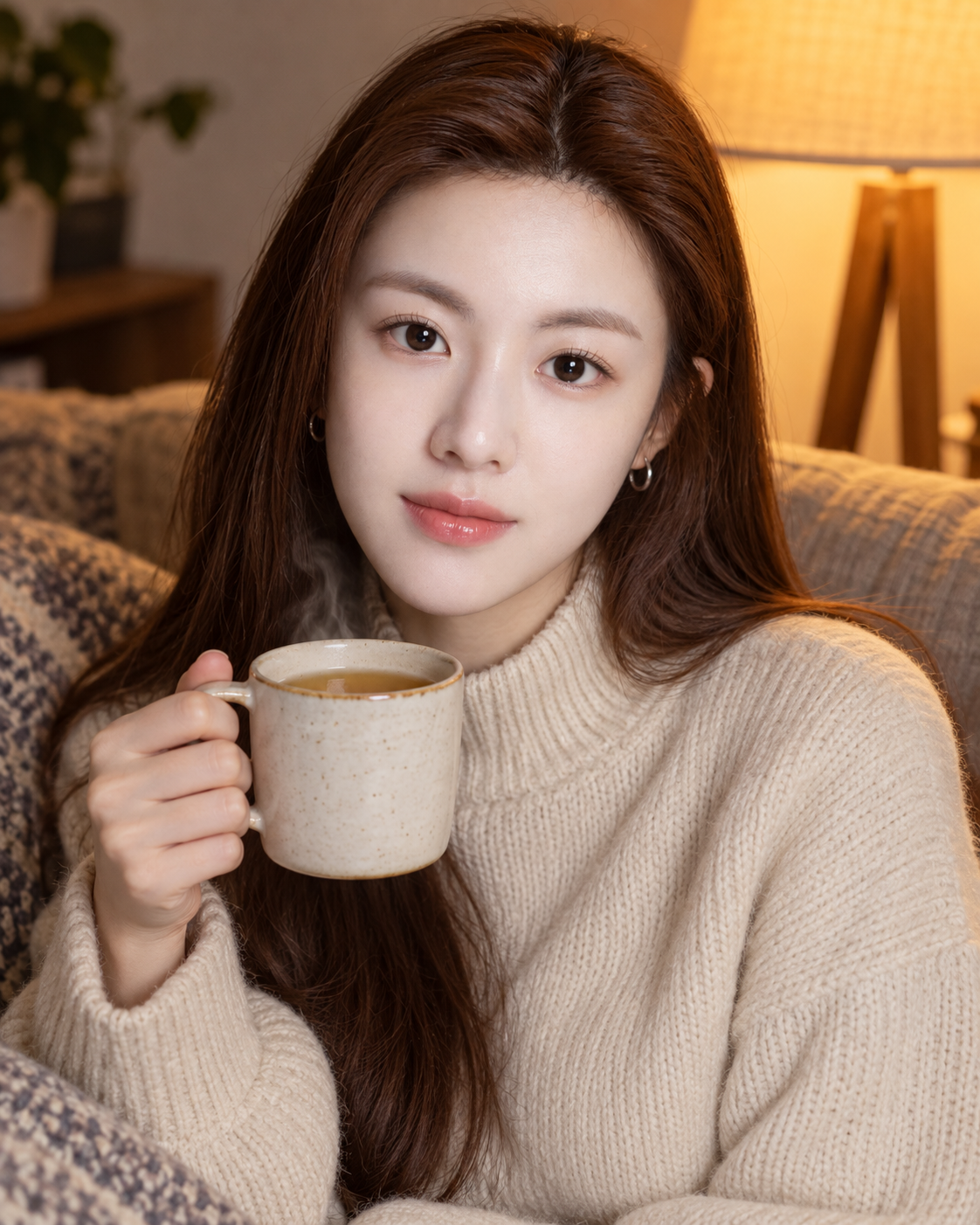暖灯沙发旁的成年女性居家热饮肖像 — AI image creation