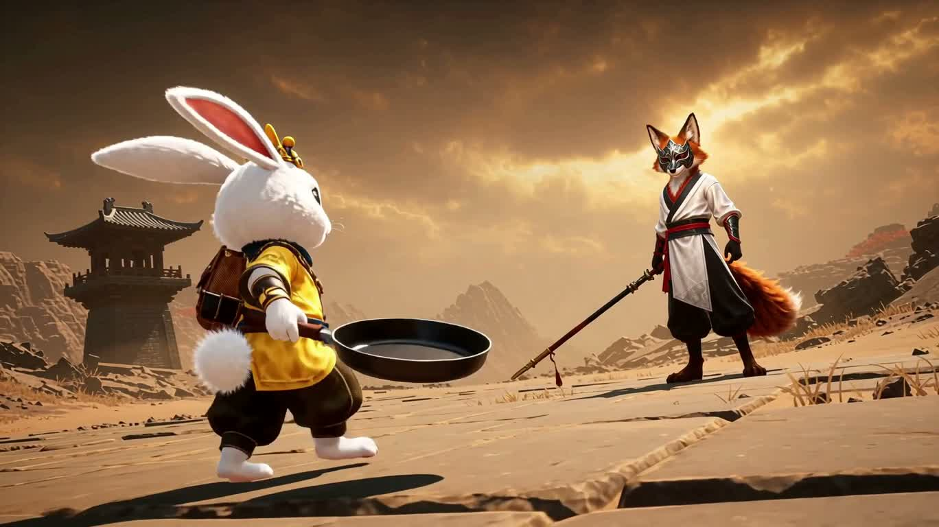 白兔勇者对决巨型灵狐 — AI video creation