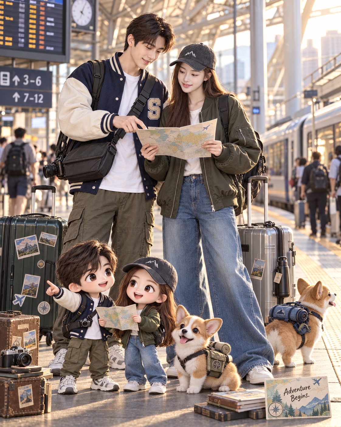 车站出发前的成年旅行伴侣与Q版伙伴 — AI image creation