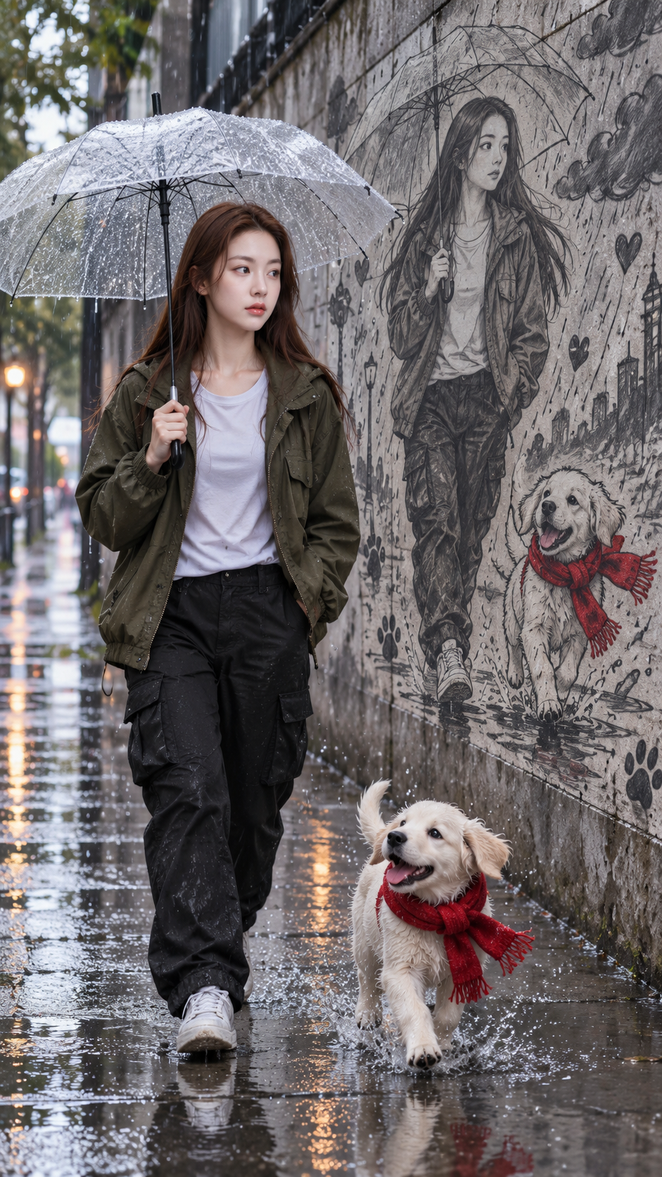 雨中透明伞下成人女子与红围巾白犬 — AI image creation
