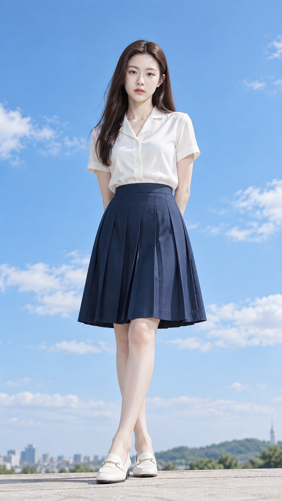 夏日天空下的成年中国女性时装肖像 — AI image creation