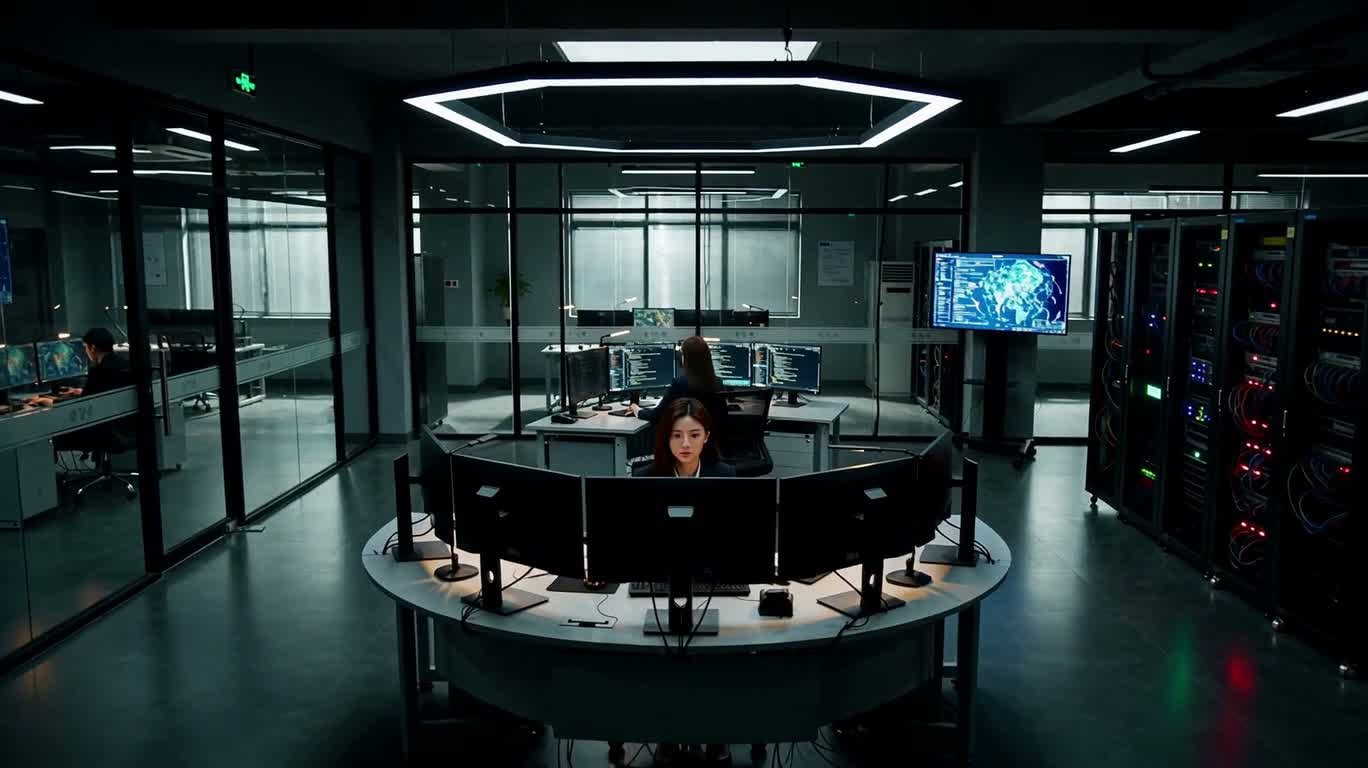 Surveillance de cybersécurité dans un centre de contrôle high-tech — AI video creation
