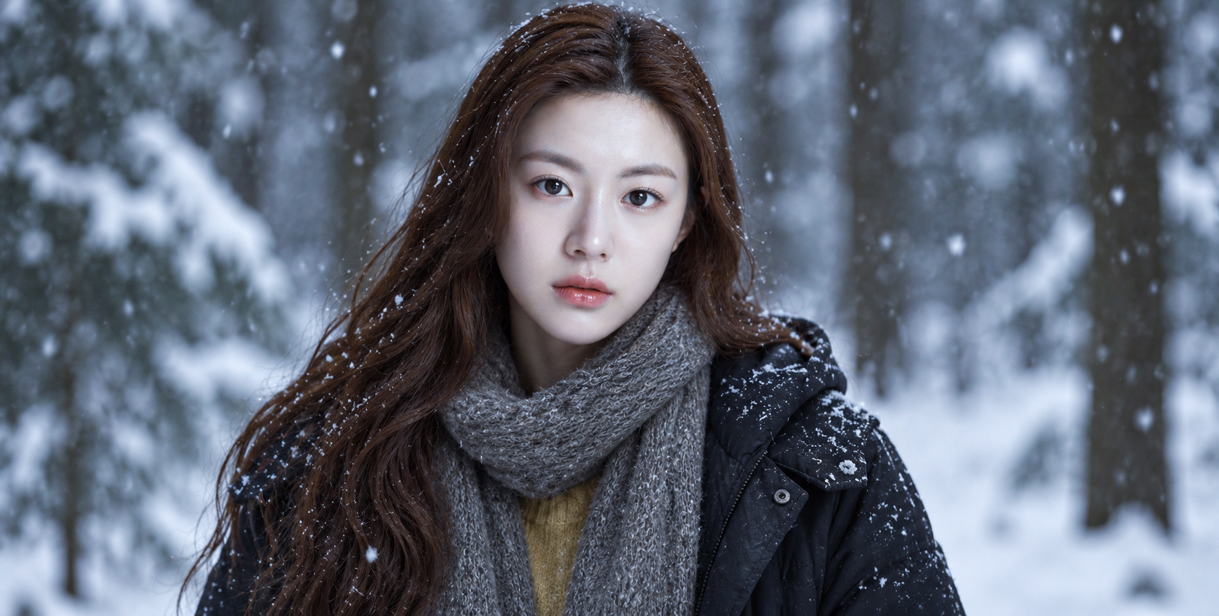 Cinematic Portrait of an Adult Woman in a Winter Forest with Light Snow — AI image prompt